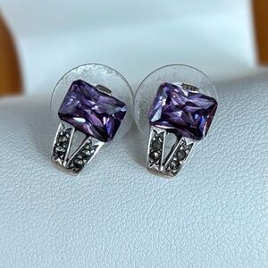 Elegant Purple Crystal and marcasite sterling silver pierced earrings.
